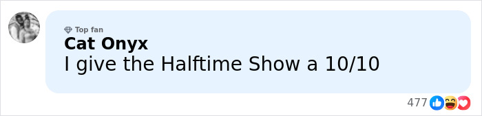 User comment praising the Super Bowl 2026 Halftime Show with enthusiastic 10/10 rating and top fan badge displayed.