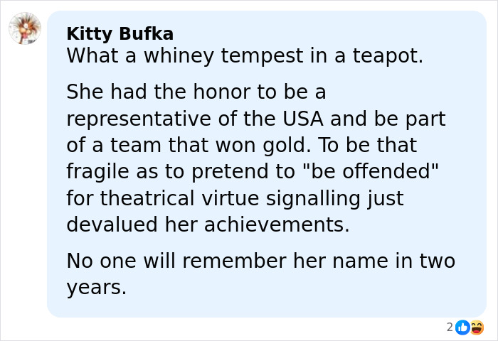 Comment criticizing US women's hockey player for overreacting, mentioning gold medal and achievements in response to Trump's remark.