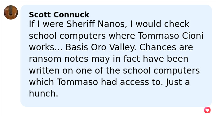 Screenshot of a social media comment discussing suspects number one and two and the last person to see missing mom.