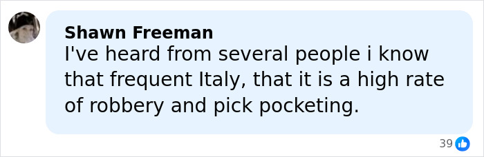 Comment by Shawn Freeman discussing high rates of robbery and pickpocketing in Italy, related to Simone Biles and NFL husband crime.