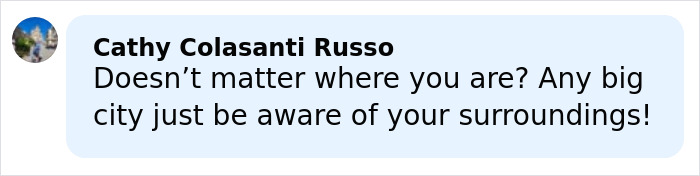 Comment by Cathy Colasanti Russo warning about being aware of surroundings in big cities, related to Simone Biles and NFL husband crime.