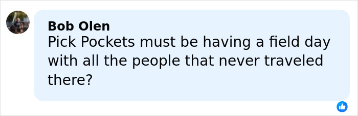 Comment from Bob Olen discussing pickpockets targeting unaware travelers at a crowded event related to Simone Biles and NFL husband crime.