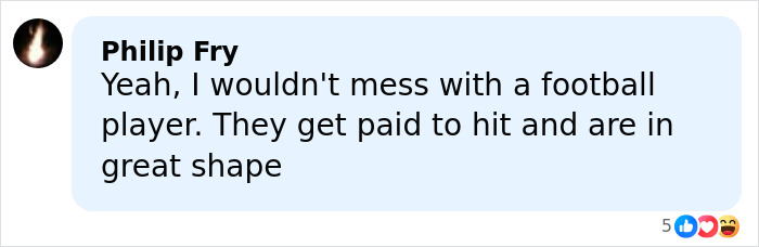 Comment discussing the physical toughness of a football player in response to a crime involving Simone Biles and her NFL husband.