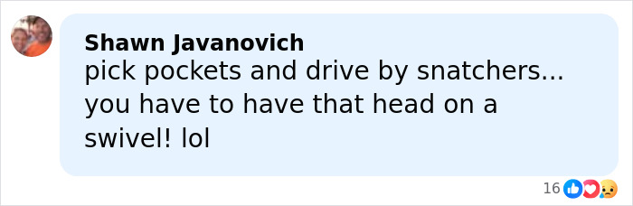 Comment by Shawn Javanovich about pickpockets and drive-by snatchers, reacting to Simone Biles and NFL husband crime incident.
