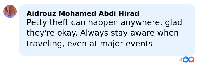 Comment mentioning petty theft risk and safety advice while traveling, referencing Simone Biles and NFL husband at Winter Olympics.