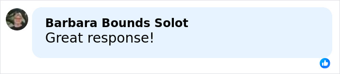 Barbara Bounds Solot commenting Great response on a social media post, profile picture visible in a blue chat bubble.