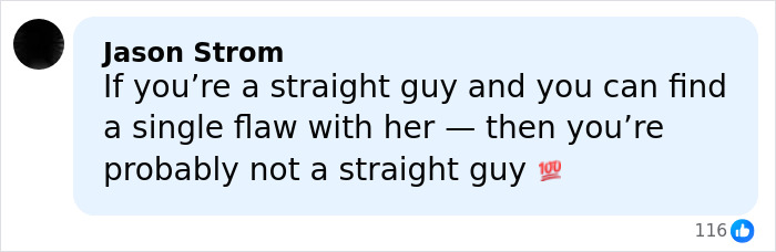 Comment by user Jason Strom discussing flaws and s****l orientation, sparking reactions related to Margot Robbie and male actor gift controversy.