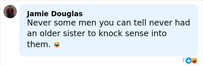 Comment by Jamie Douglas about men and older sisters, with laughing emoji reacting to Margot Robbie gift controversy.