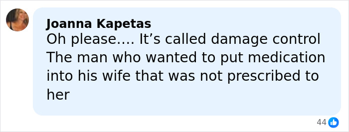 Facebook comment by Joanna Kapetas expressing skepticism about damage control regarding medication accusations.