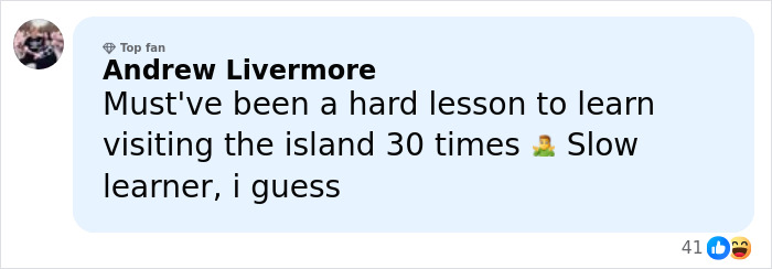 Comment on social media by Andrew Livermore criticizing Bill Gates, referencing Epstein files and island visits.