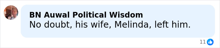 Comment discussing Bill Gates' ex-wife Melinda leaving him amid Epstein files accusations controversy.