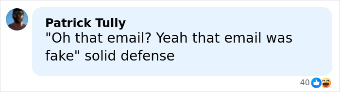 Man named Patrick Tully replying with a comment about an email being fake, referencing Bill Gates breaking silence on Epstein files.