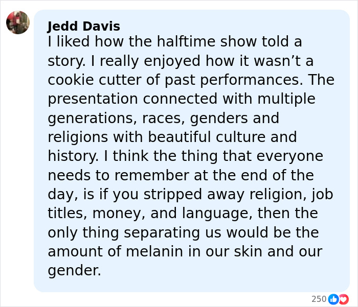 Comment praising the cultural storytelling and diversity in Bad Bunny's Super Bowl halftime show wedding performance.