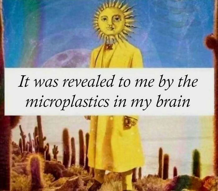 Surreal figure with a sun for a head and text about microplastics, part of hilarious memes that don't explain themselves.