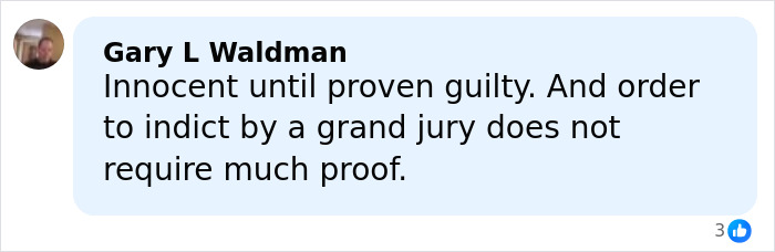 Comment by Gary L Waldman discussing the presumption of innocence and grand jury indictment in a serious charges case.
