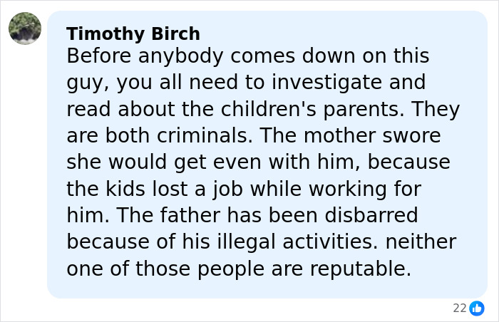 Comment by Timothy Birch criticizing children's parents amid Timothy Busfield serious charges in child case discussion.