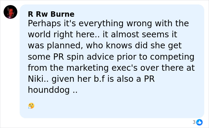 Comment by R Rw Burne questioning if Jutta Leerdam’s underwear reveal was planned as a PR move linked to Olympics fans. Comment by R Rw Burne questioning if Jutta Leerdam’s underwear reveal was planned as a PR move linked to Olympics fans.