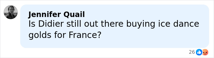 Black and white profile photo of a woman named Jennifer Quail commenting about French skater and Olympics cheating scandal.