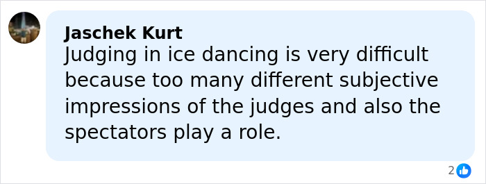 Comment from Jaschek Kurt on ice dancing judging challenges, mentioning subjective impressions by judges and spectators.