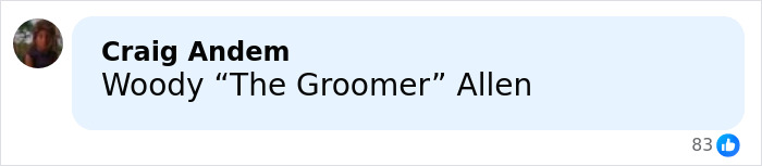 Facebook comment by Craig Andem mentioning Woody Allen with 83 likes, related to Timoth&eacute;e Chalamet Epstein files claims.
