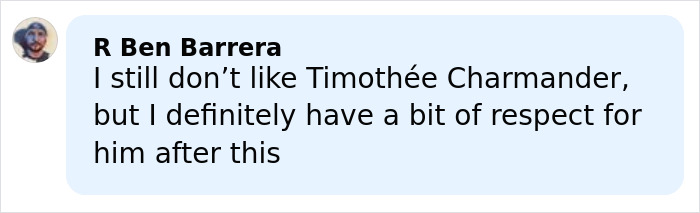 User comment on social media expressing mixed feelings about Timoth&eacute;e Chalamet in Epstein files controversy.