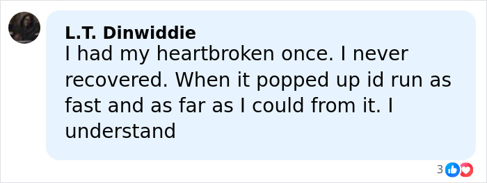 Comment by L.T. Dinwiddie reflecting on heartbreak and emotional pain related to celibacy and personal recovery.