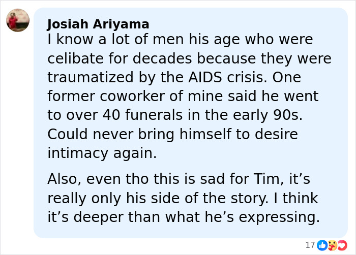 Comment discussing celibacy and trauma related to Tim Gunn, focusing on 43 years of celibacy and its heartbreaking reasons.