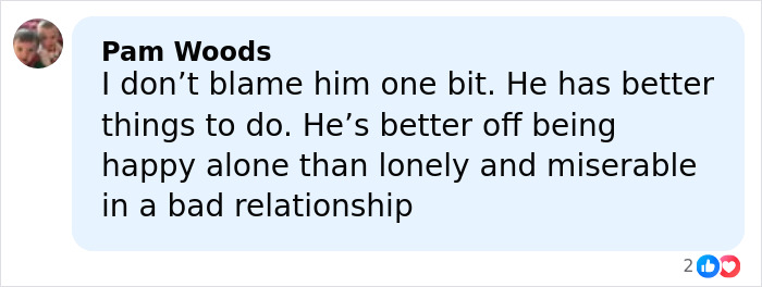 Facebook comment from Pam Woods expressing support for Tim Gunn's choice of celibacy and happiness alone.