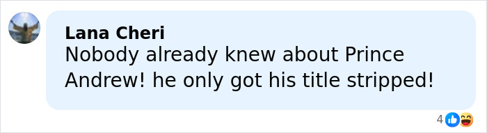 Social media comment discussing Prince Andrew amid exotic dancer's shocking allegations against Epstein and ex-Prince Andrew.