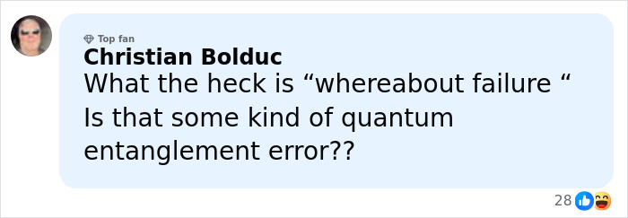 Comment by Christian Bolduc in a social media post discussing confusion over the term whereabout failure and quantum entanglement.