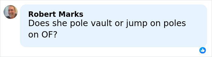 Comment by Robert Marks questioning if Alysha Newman pole vaults or jumps on poles on OF, referencing Olympic pole vaulter and adult content star.