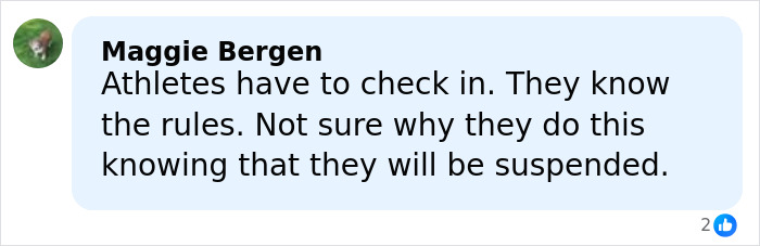 Comment from Maggie Bergen about athletes facing suspension for rules violation in the Olympic pole vaulter Alysha Newman case.