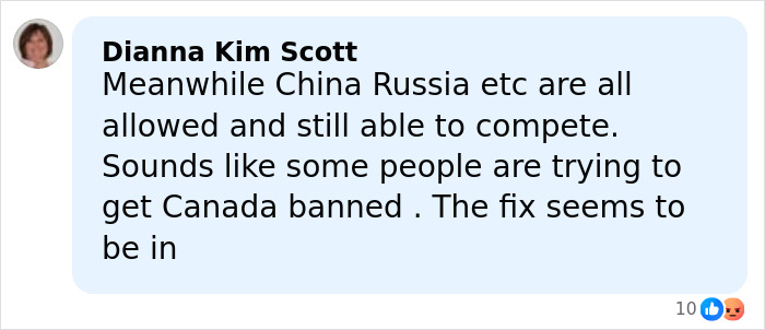 Comment from Dianna Kim Scott discussing competition rules and potential bans affecting Olympic pole vaulter Alysha Newman.