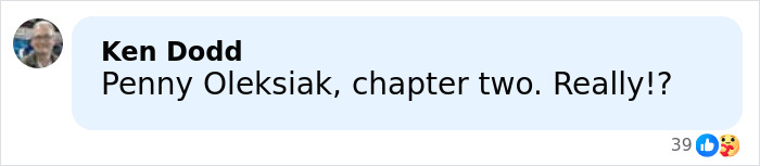 Comment by Ken Dodd saying Penny Oleksiak chapter two with reaction icons in a social media thread.