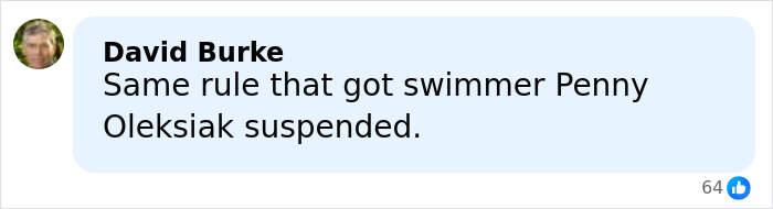 Comment by David Burke mentioning suspension related to rules violation, referencing Olympic pole vaulter Alysha Newman.