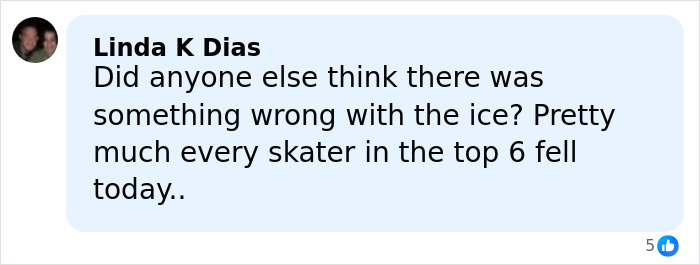 Comment from Linda K Dias questioning ice conditions after many top skaters fell during a major Olympic defeat involving Ilia Malinin.