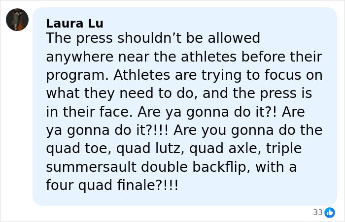 Comment expressing concern over press distractions for Olympic star Ilia Malinin after major defeat in his profile posts.