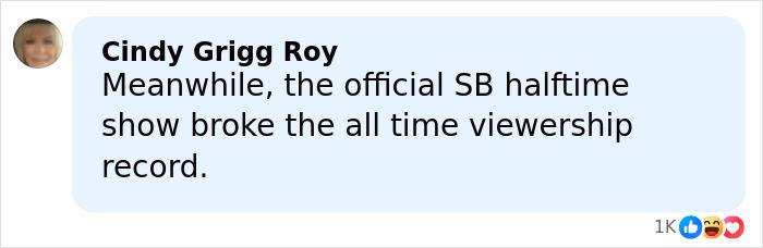 Social media comment on Kid Rock alternative halftime show receiving harsh criticism and low support.