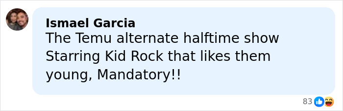 Comment by Ismael Garcia praising Kid Rock's alternative halftime show, sharing positive fan reaction online.