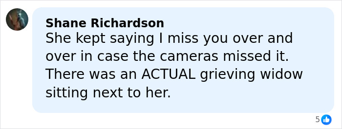 Comment by Shane Richardson discussing a grieving widow and repeating the phrase I miss you during an event. Comment by Shane Richardson discussing a grieving widow and repeating the phrase I miss you during an event.