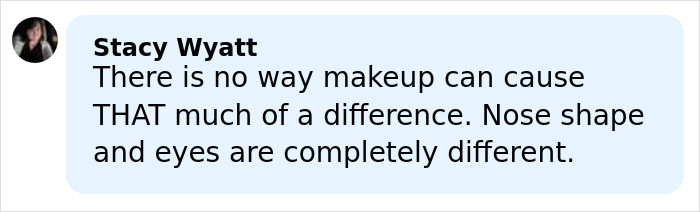 Comment by Stacy Wyatt discussing differences in nose shape and eyes in a makeup-free behind-the-scenes video of Taylor Swift.
