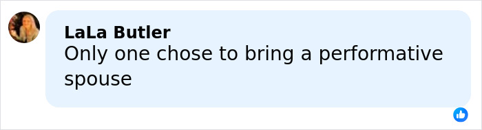 Message from LaLa Butler reading only one chose to bring a performative spouse, highlighting awkward fashion faux pas.