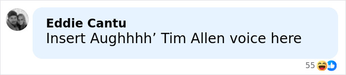 Comment by Eddie Cantu saying Insert Aughhhh&rsquo; Tim Allen voice here with laughing emoji, related to Home Improvement star Zachery Ty Bryan jail news.
