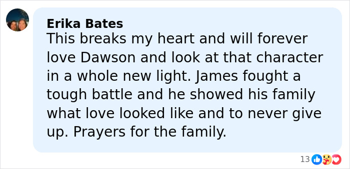 Comment expressing sorrow over James Van Der Beek, star of Dawson's Creek, highlighting his courage and family love.