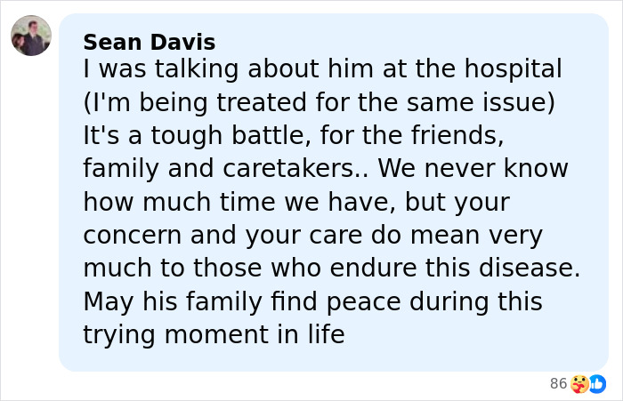 Comment from Sean Davis expressing sympathy and discussing the tough battle related to James Van Der Beek, star of Dawsons Creek.