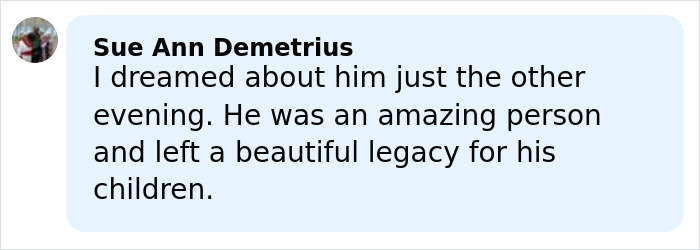 Comment from Sue Ann Demetrius reflecting on James Van Der Beek's legacy and impact on his children.