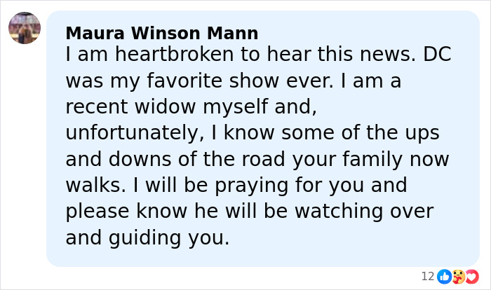 Comment expressing grief and support for James Van Der Beek, star of Dawson's Creek, with prayers for the family.