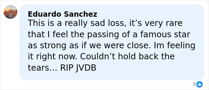 Comment expressing sadness over the passing of James Van Der Beek, star of Dawson's Creek, with RIP message.