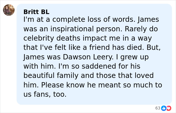 Fan tribute expressing sadness over the passing of James Van Der Beek, star of Dawson’s Creek, and his impact on fans.