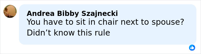 Comment by Andrea Bibby Szajnecki asking about the rule of sitting next to spouse during an event discussion.